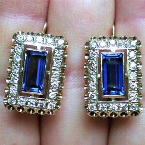 Russian USSR 18K 750 Yellow White Gold Diamond Sapphire Cluster Dangle Earrings